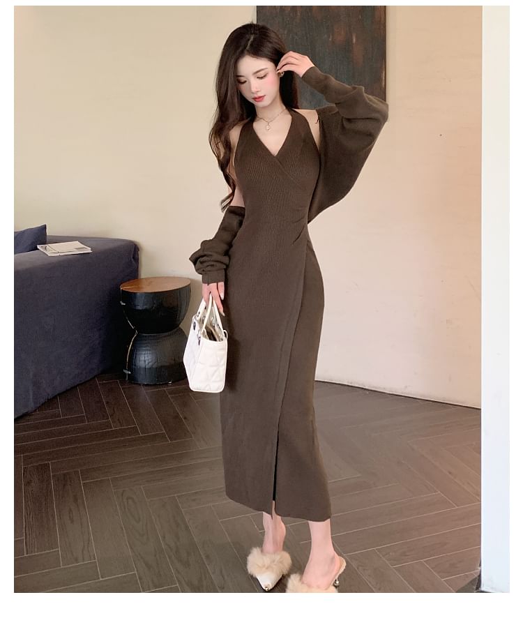 Set: Halter V Neck Plain Bodycon Maxi Dress + Bolero Cardigan