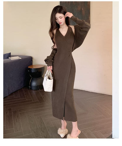 Set: Halter V Neck Plain Bodycon Maxi Dress + Bolero Cardigan