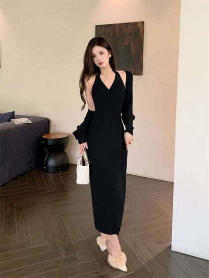Set: Halter V Neck Plain Bodycon Maxi Dress + Bolero Cardigan