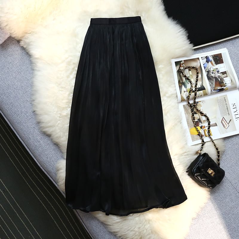 Classic Solid Midi A-Line Skirt with High Rise Cut