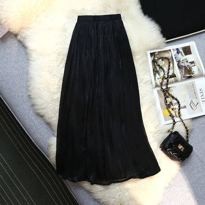 Classic Solid Midi A-Line Skirt with High Rise Cut