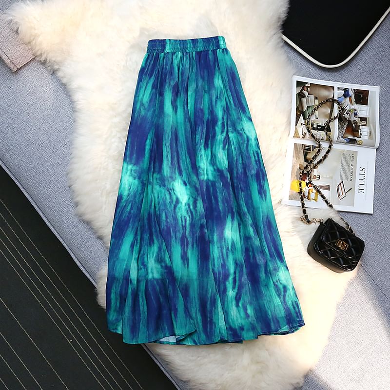 Colorful Tie Dye A-Line Skirt with High Waist Midi Length
