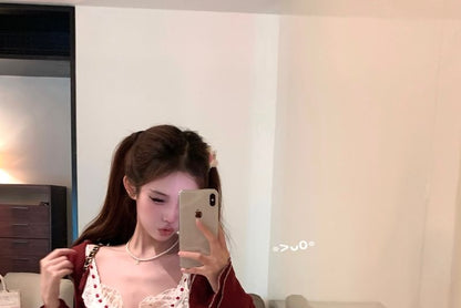 Sleeveless Floral Print Bow Ruffle Panel Top / High Waist Plaid Mini A-Line Skirt / Striped Cardigan