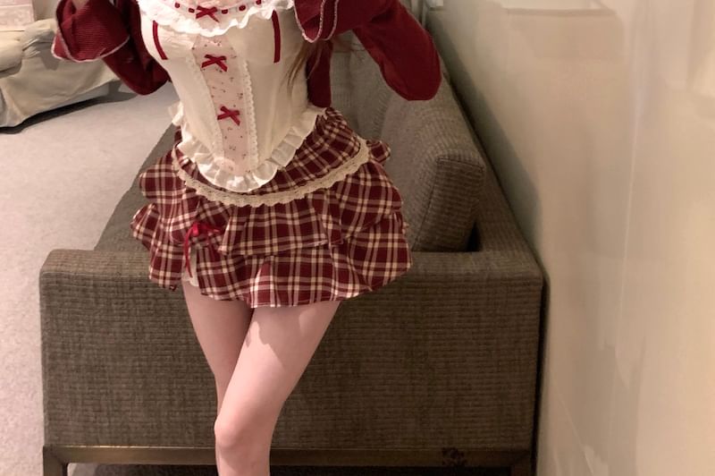 Sleeveless Floral Print Bow Ruffle Panel Top / High Waist Plaid Mini A-Line Skirt / Striped Cardigan