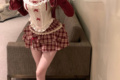 Sleeveless Floral Print Bow Ruffle Panel Top / High Waist Plaid Mini A-Line Skirt / Striped Cardigan