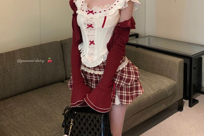 Sleeveless Floral Print Bow Ruffle Panel Top / High Waist Plaid Mini A-Line Skirt / Striped Cardigan