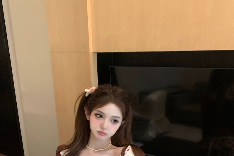 Sleeveless Floral Print Bow Ruffle Panel Top / High Waist Plaid Mini A-Line Skirt / Striped Cardigan