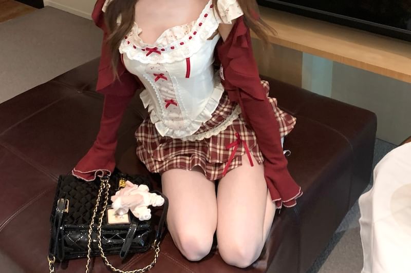 Sleeveless Floral Print Bow Ruffle Panel Top / High Waist Plaid Mini A-Line Skirt / Striped Cardigan