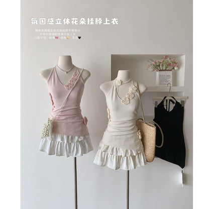 Halter Plain Crochet Floral Top