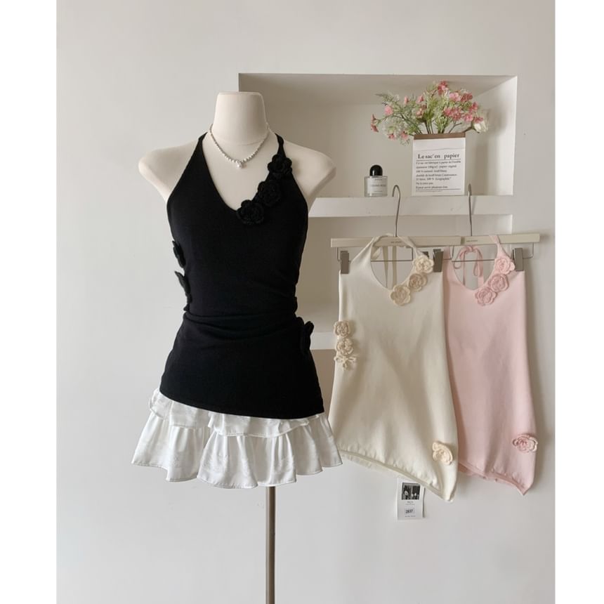 Halter Plain Crochet Floral Top