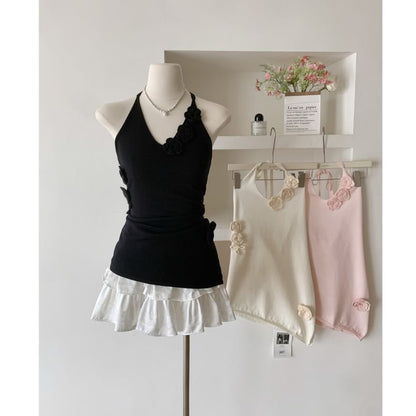 Halter Plain Crochet Floral Top