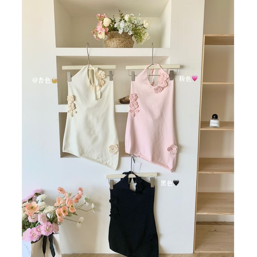 Halter Plain Crochet Floral Top