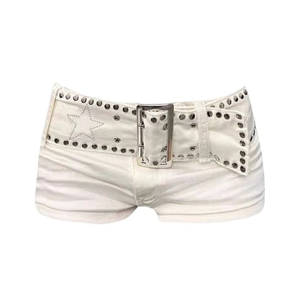 Low Rise Plain Studded Belted Denim Shorts