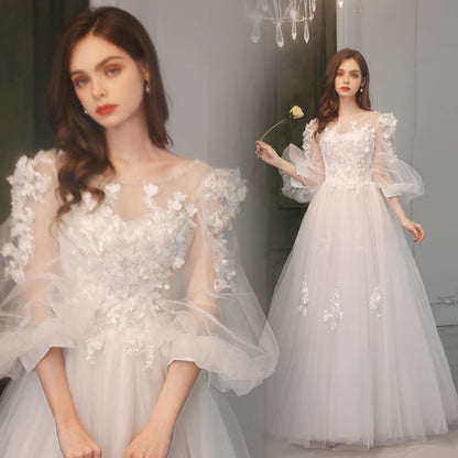 Puff-Sleeve Floral A-Line Mesh Wedding Gown