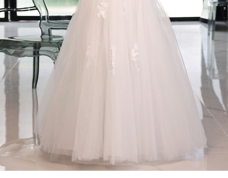 Puff-Sleeve Floral A-Line Mesh Wedding Gown