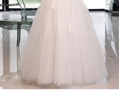 Puff-Sleeve Floral A-Line Mesh Wedding Gown