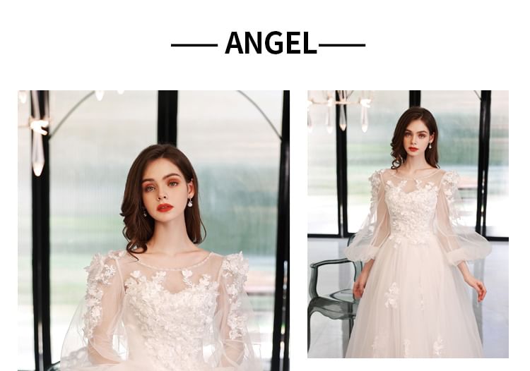 Puff-Sleeve Floral A-Line Mesh Wedding Gown