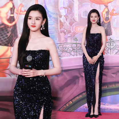 Evening Bodycon Slit Sequined Gown Strapless