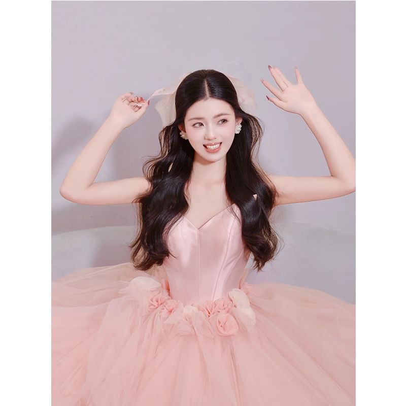 Mesh Gown Strapless Floral Ball