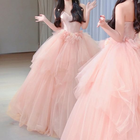 Strapless Mesh Floral Ball Gown