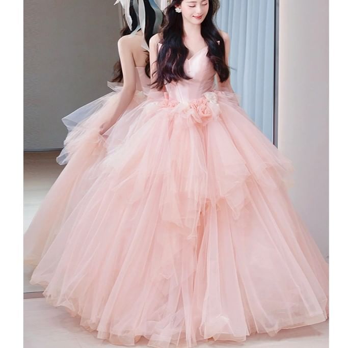 Mesh Gown Strapless Floral Ball