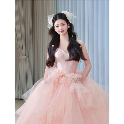 Strapless Mesh Floral Ball Gown