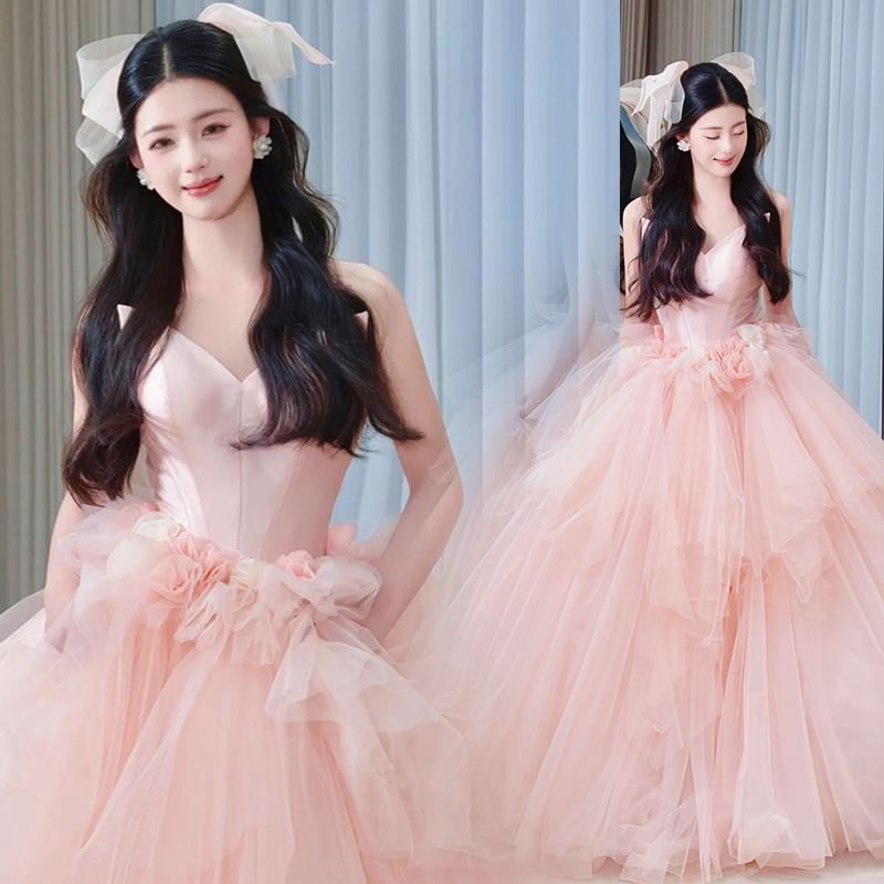Strapless Mesh Floral Ball Gown
