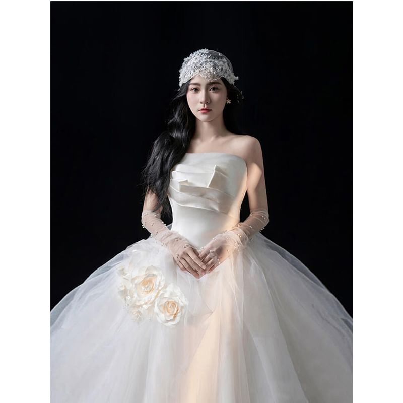 Strapless Floral Shirred Wedding Ball Gown