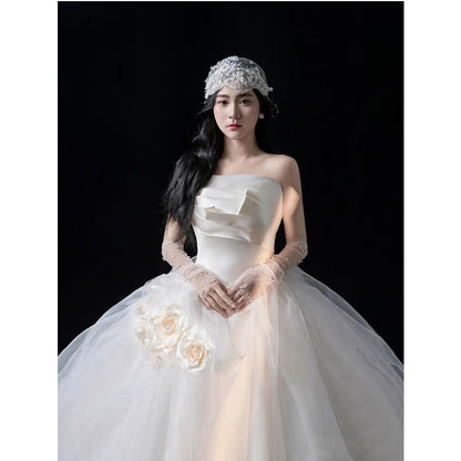 Strapless Floral Shirred Wedding Ball Gown