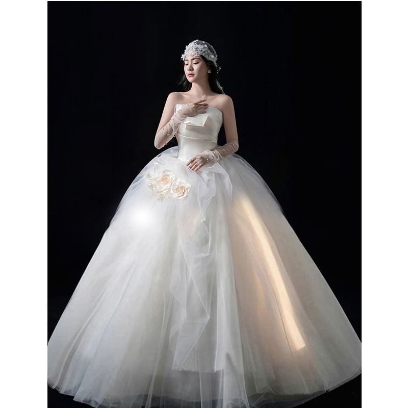 Strapless Floral Shirred Wedding Ball Gown