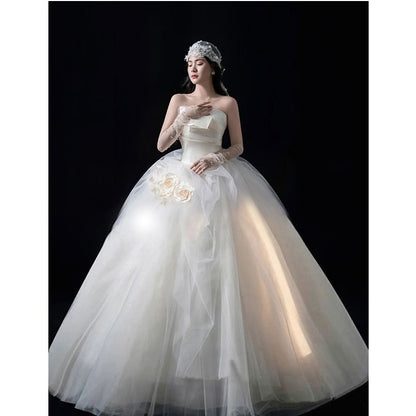 Strapless Floral Shirred Wedding Ball Gown