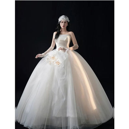 Strapless Floral Shirred Wedding Ball Gown