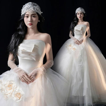 Strapless Floral Shirred Wedding Ball Gown