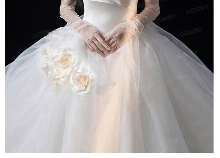 Strapless Floral Shirred Wedding Ball Gown