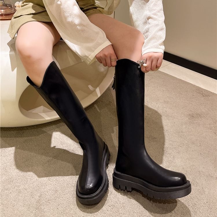 Platform Boots Zip-Up Leather Tall Plain Faux