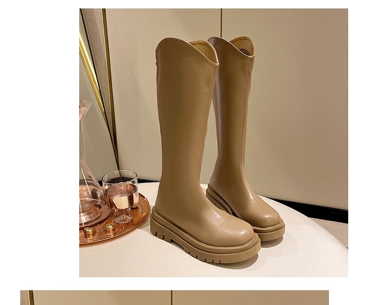 Platform Boots Zip-Up Leather Tall Plain Faux