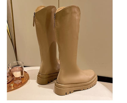 Platform Boots Zip-Up Leather Tall Plain Faux