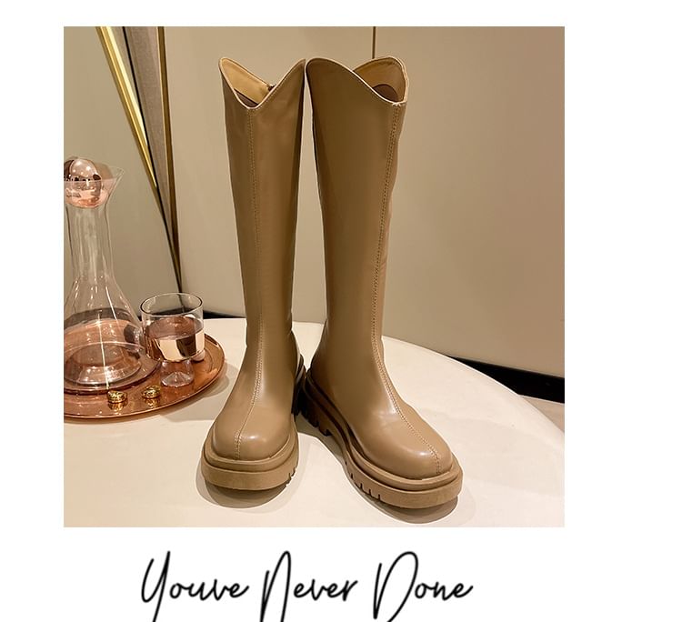 Platform Boots Zip-Up Leather Tall Plain Faux