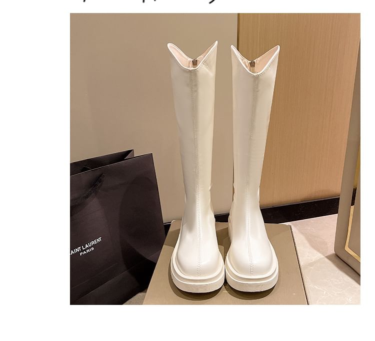 Platform Boots Zip-Up Leather Tall Plain Faux