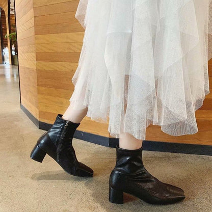 Boots Chunky Square Short Plain Zip-Up Toe Heel