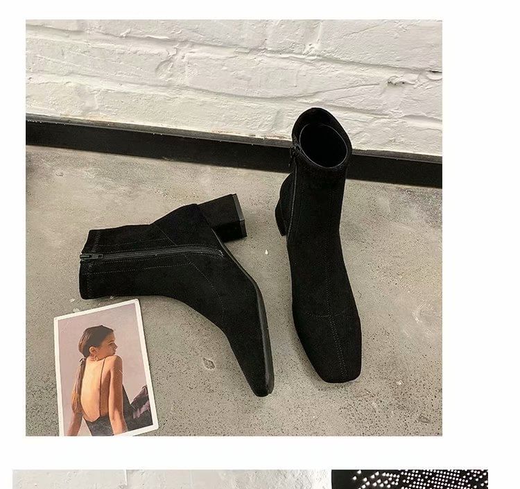 Boots Chunky Square Short Plain Zip-Up Toe Heel
