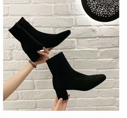Boots Chunky Square Short Plain Zip-Up Toe Heel