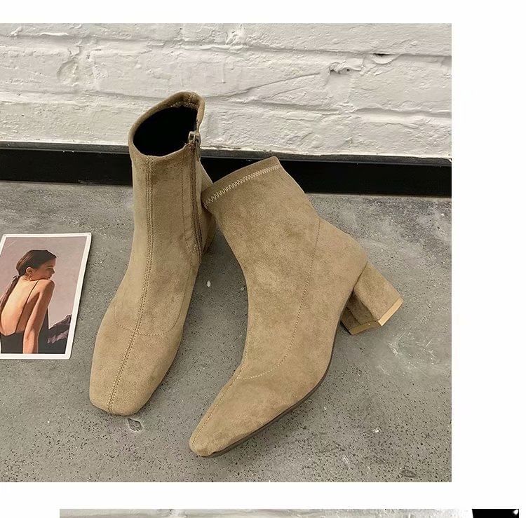 Boots Chunky Square Short Plain Zip-Up Toe Heel