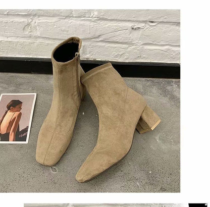 Boots Chunky Square Short Plain Zip-Up Toe Heel