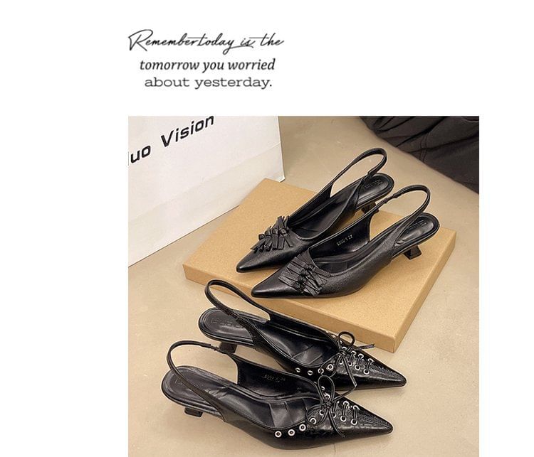 Slingback Pointed Kitten Heel Leather Sandals Toe Faux