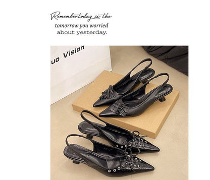 Slingback Pointed Kitten Heel Leather Sandals Toe Faux