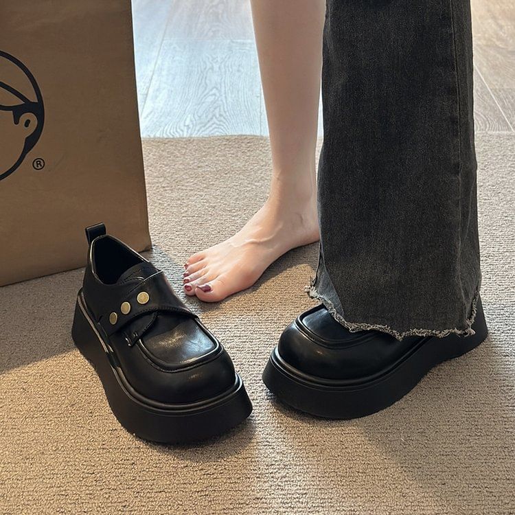 Strap Faux Leather Plain Platform Adhesive Shoes