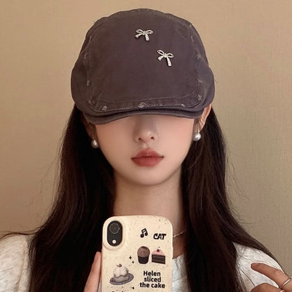 Plain Bow Distressed Flat Cap