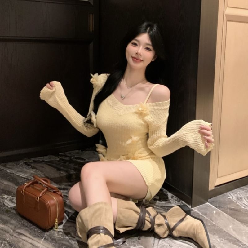 Long-Sleeve V Neck Flower Accent Mini Sheath Knit Dress / Slip Dress