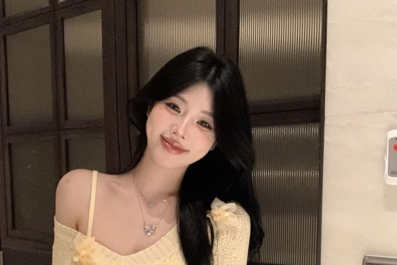 Long-Sleeve V Neck Flower Accent Mini Sheath Knit Dress / Slip Dress